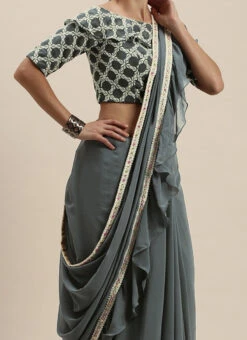 Teen Girls Grey Embroidered Blouse N Grey Georgette Saree Festive Wear