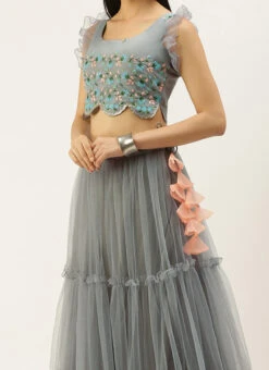 Teen Girls Grey Embroidered Organza Lehenga Set Festive Wear