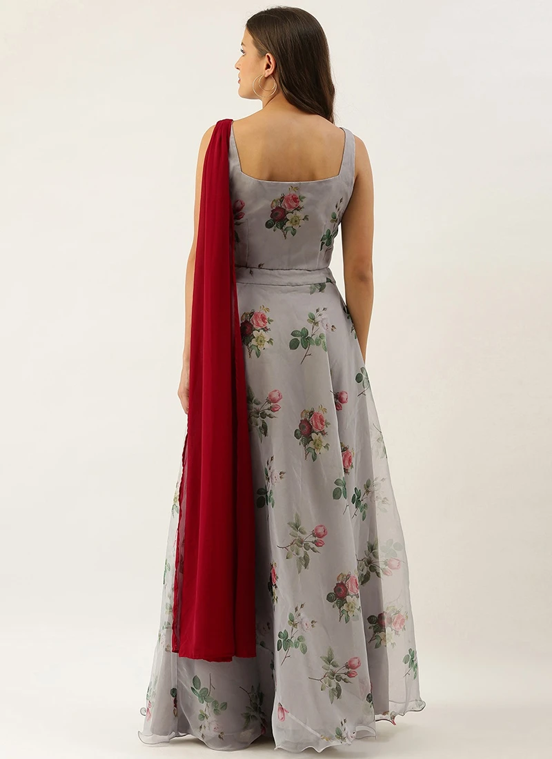 Teen Girls Grey Floral Organza Crop Top N Skirt Set Party Wear - Image 4