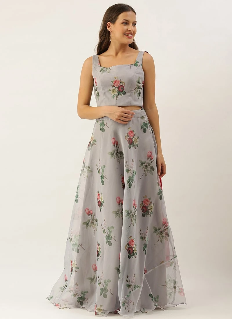 Teen Girls Grey Floral Organza Crop Top N Skirt Set Party Wear - Image 3