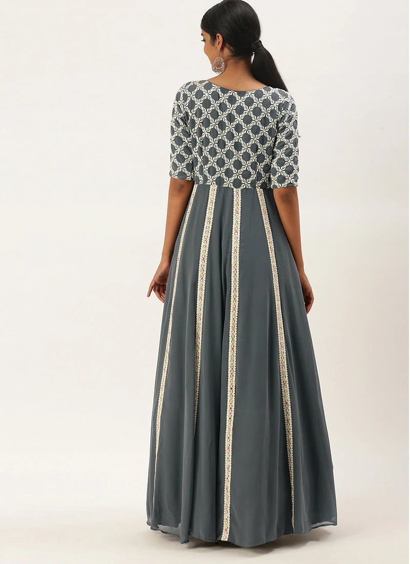 Teen Girls Grey Georgette Embroidered Kali Style G Festive Wear - Image 4