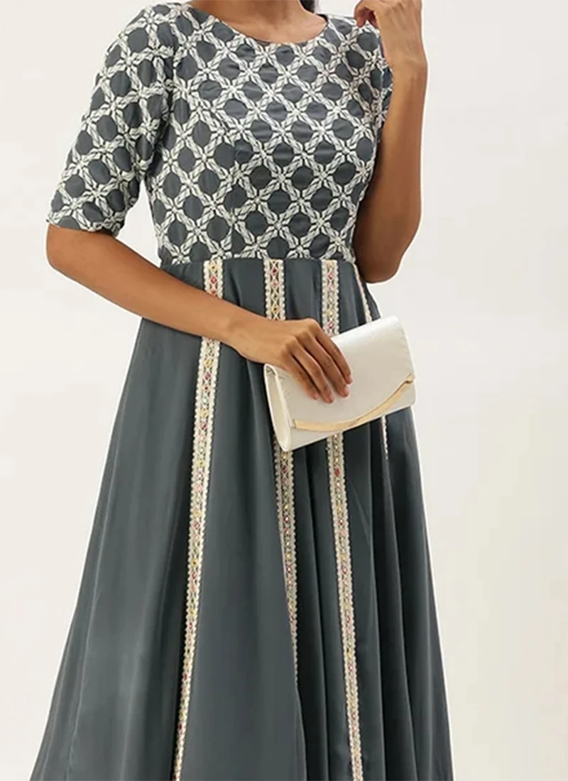 Teen Girls Grey Georgette Embroidered Kali Style G Festive Wear