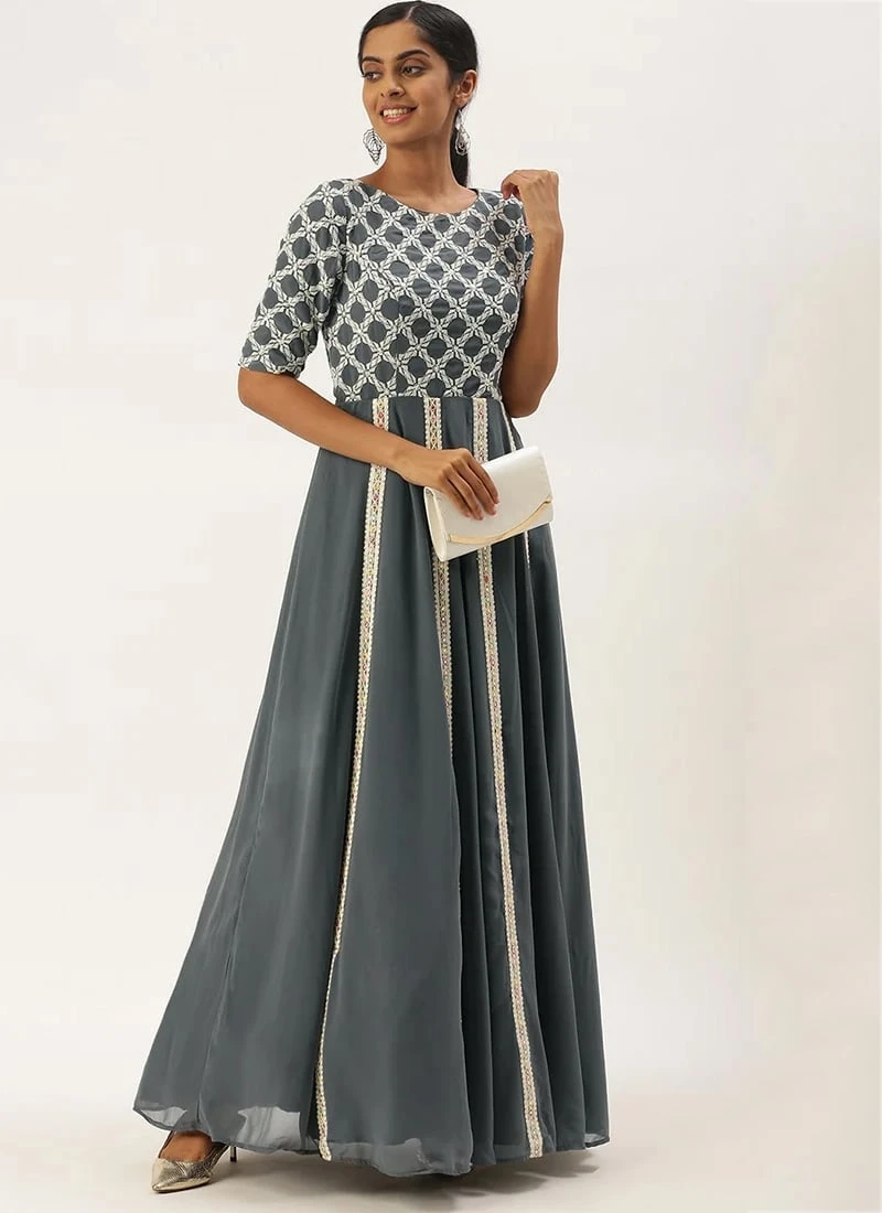 Teen Girls Grey Georgette Embroidered Kali Style G Festive Wear - Image 3