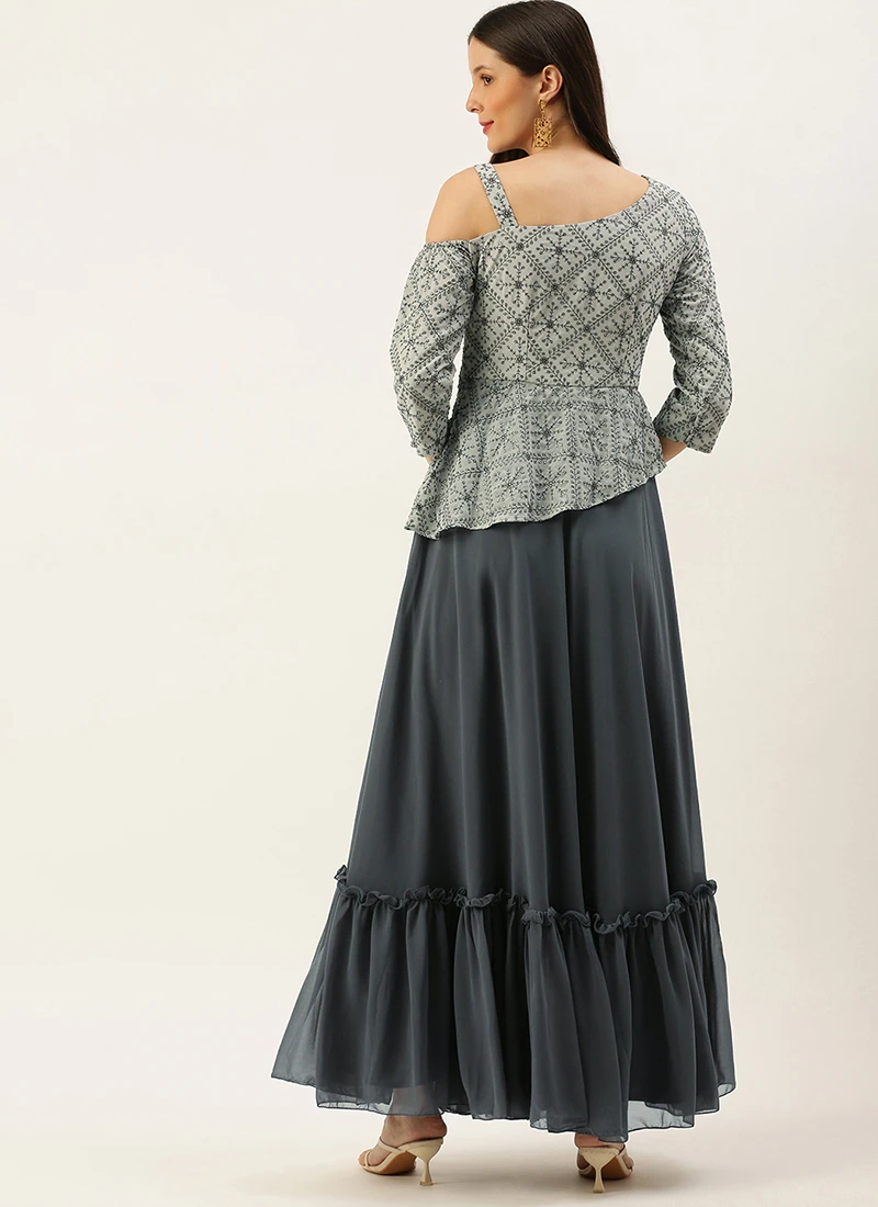 Teen Girls Grey Georgette Embroidered Peplum Style Gown Festive Wear - Image 4