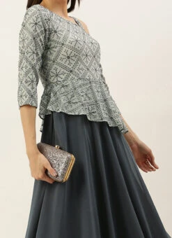 Teen Girls Grey Georgette Embroidered Peplum Style Gown Festive Wear