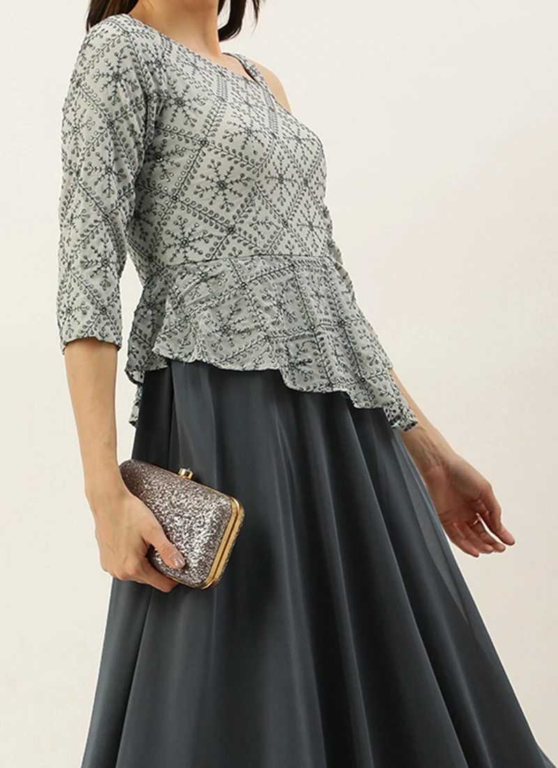 Teen Girls Grey Georgette Embroidered Peplum Style Gown Festive Wear