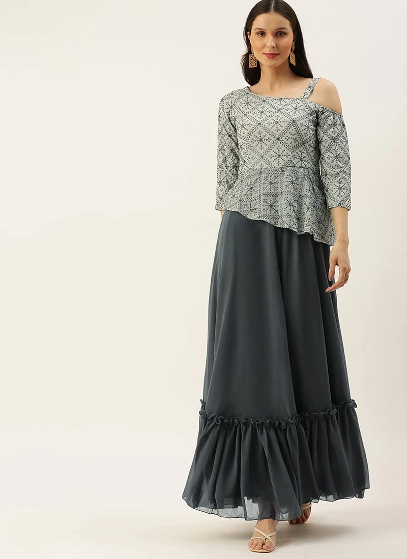 Teen Girls Grey Georgette Embroidered Peplum Style Gown Festive Wear - Image 3