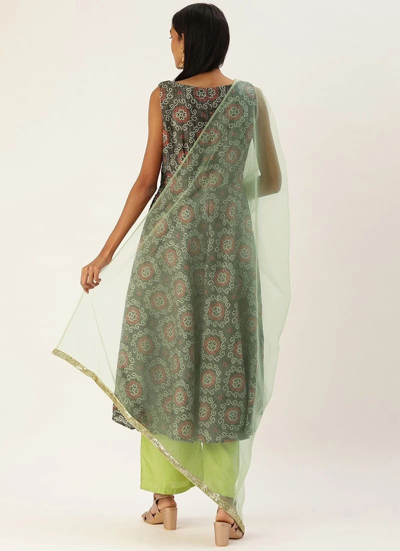 Teen Girls Grey N Green Printed Sweetheart Neck Anarkali Suit Festive Wear - Image 4