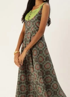 Teen Girls Grey N Green Printed Sweetheart Neck Anarkali Suit Festive Wear