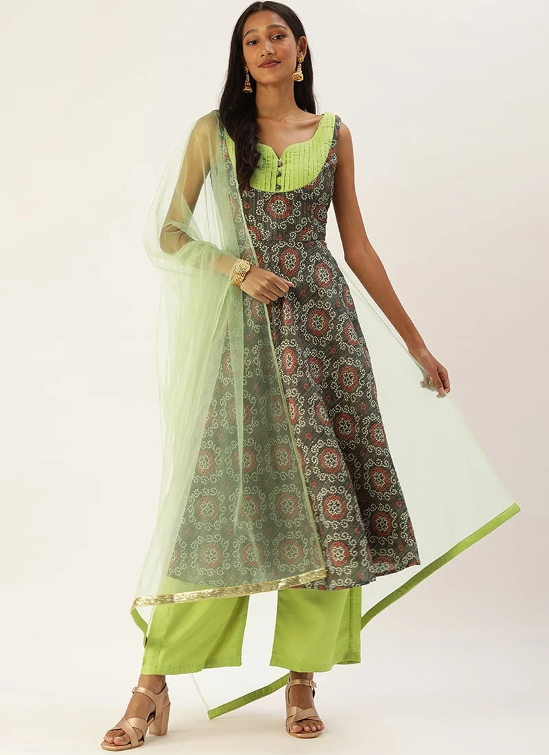 Teen Girls Grey N Green Printed Sweetheart Neck Anarkali Suit Festive Wear - Image 3