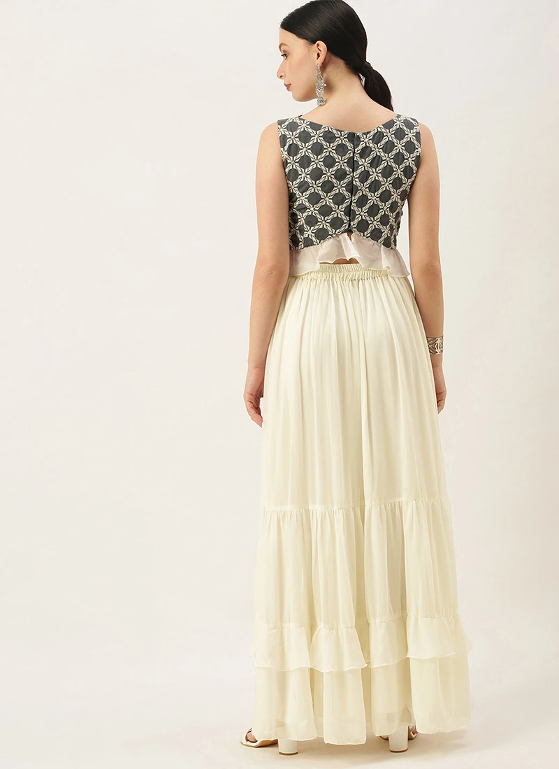 Teen Girls Grey N White Embroidered Crop Top N Skirt Party Wear - Image 4