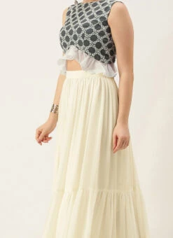Teen Girls Grey N White Embroidered Crop Top N Skirt Party Wear