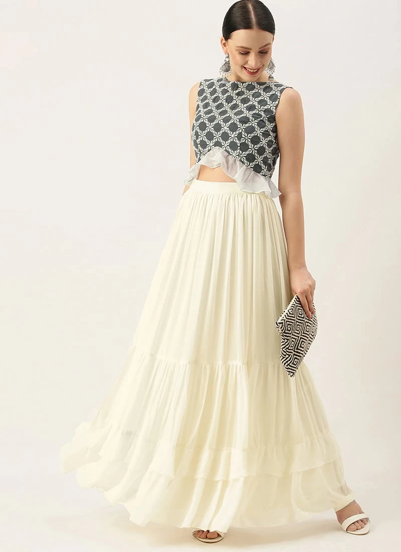 Teen Girls Grey N White Embroidered Crop Top N Skirt Party Wear - Image 3