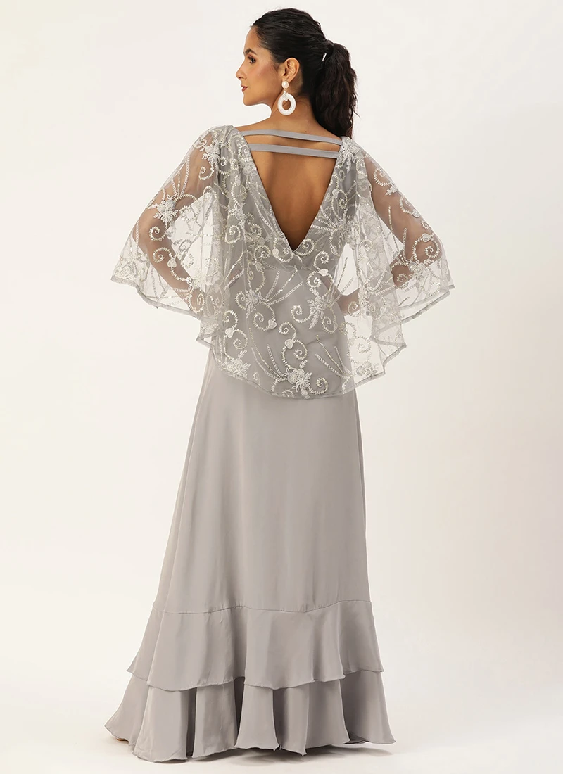 Teen Girls Grey Net Embroidered N French Crepe Gown Party Wear - Image 4
