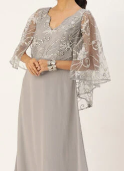 Teen Girls Grey Net Embroidered N French Crepe Gown Party Wear