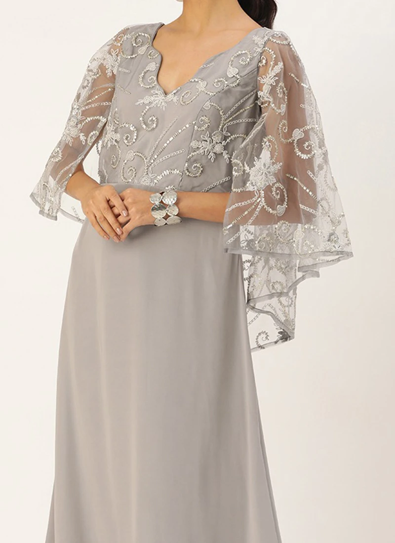 Teen Girls Grey Net Embroidered N French Crepe Gown Party Wear