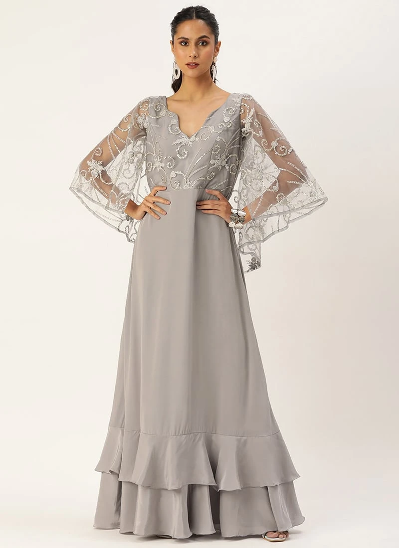 Teen Girls Grey Net Embroidered N French Crepe Gown Party Wear - Image 3