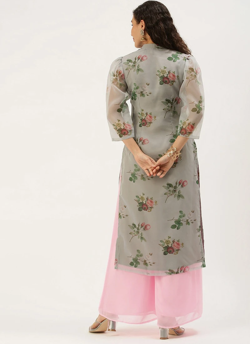 Teen Girls Grey Organza N Pink Kurta Palazzo Set After Six Wear - Image 4