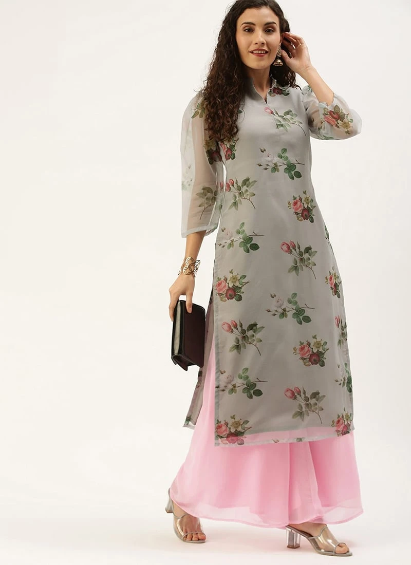 Teen Girls Grey Organza N Pink Kurta Palazzo Set After Six Wear - Image 3