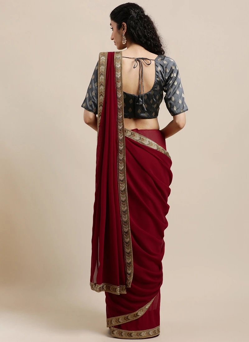 Teen Girls Grey Taffeta Jacquard Blouse N Maroon Georgette Saree Festive Wear - Image 4