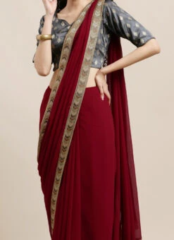 Teen Girls Grey Taffeta Jacquard Blouse N Maroon Georgette Saree Festive Wear
