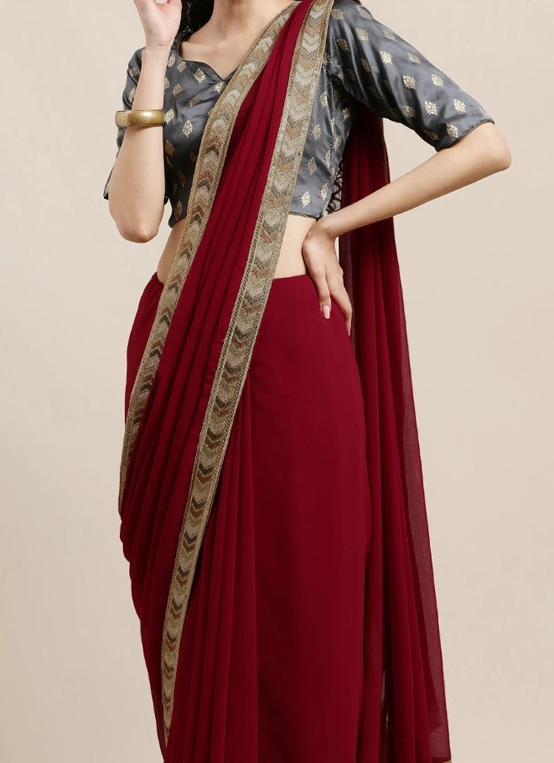 Teen Girls Grey Taffeta Jacquard Blouse N Maroon Georgette Saree Festive Wear