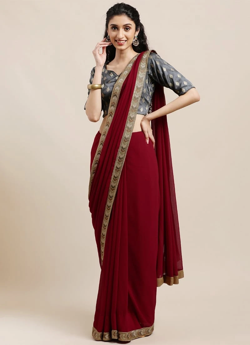 Teen Girls Grey Taffeta Jacquard Blouse N Maroon Georgette Saree Festive Wear - Image 3