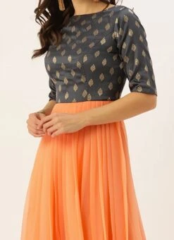 Teen Girls Grey Taffeta Jacquard N Peach Jacquard Gown Festive Wear