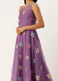 Teen Girls Lavender Embroidered Organza One Shoulder Gown Party Wear