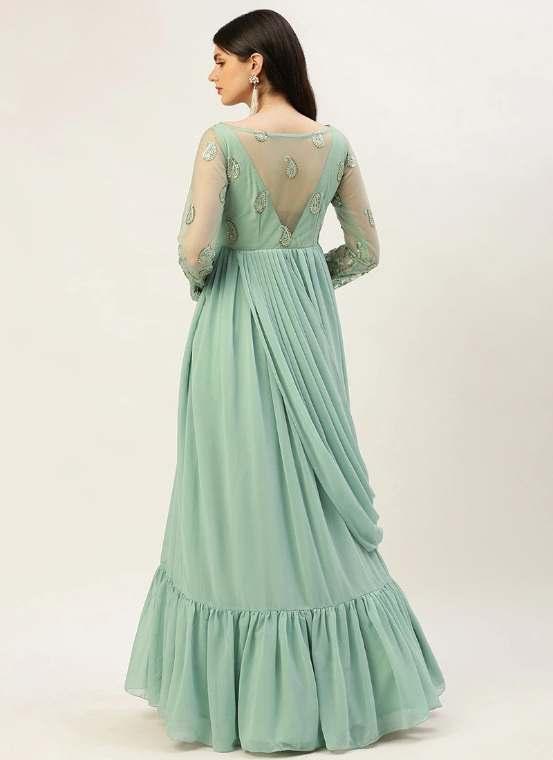 Teen Girls Light Blue Net Embroidered Georgette Gown Festive Wear - Image 4