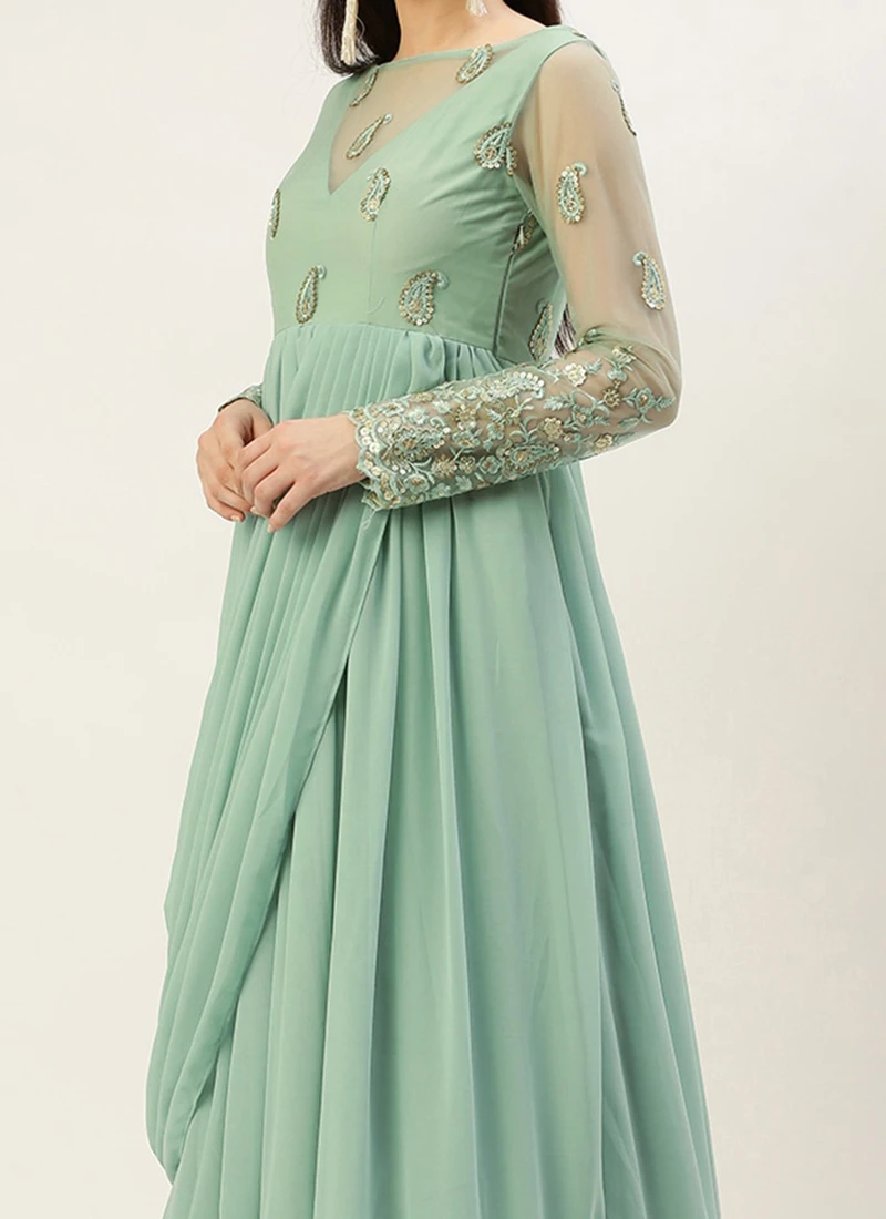 Teen Girls Light Blue Net Embroidered Georgette Gown Festive Wear