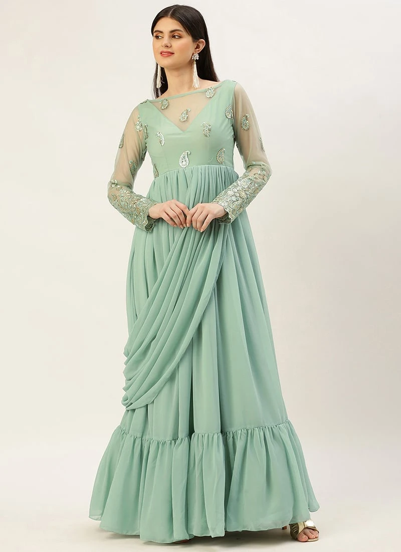 Teen Girls Light Blue Net Embroidered Georgette Gown Festive Wear - Image 3
