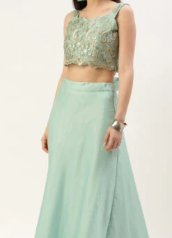 Teen Girls Light Blue Net Embroidered N Green Satin Skirt Set Festive Wear