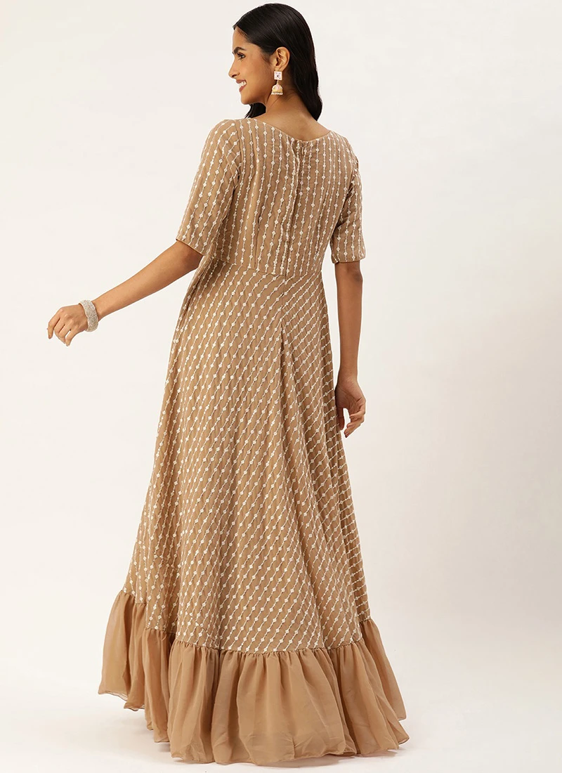 Teen Girls Light Peach Georgette Embroidered Sequins Gown Wedding Wear - Image 4