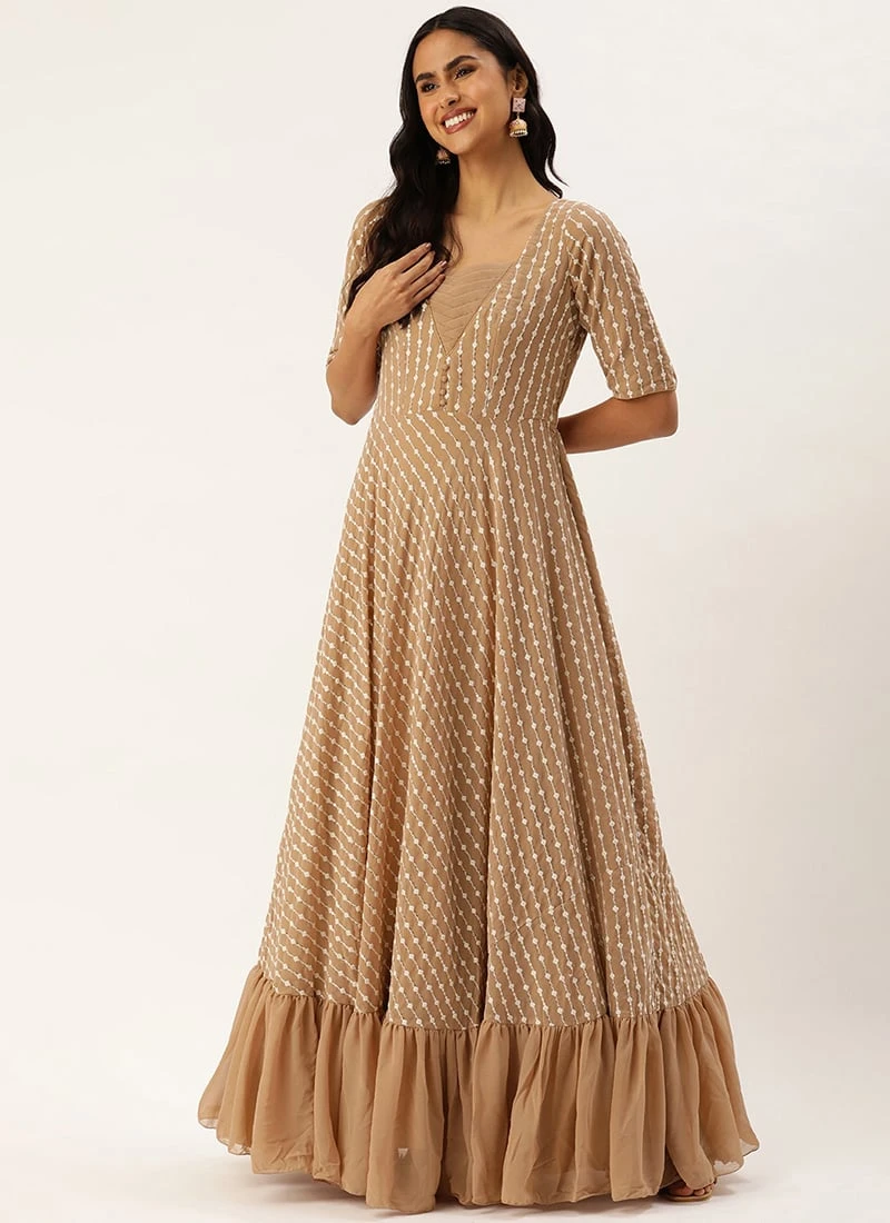 Teen Girls Light Peach Georgette Embroidered Sequins Gown Wedding Wear - Image 3