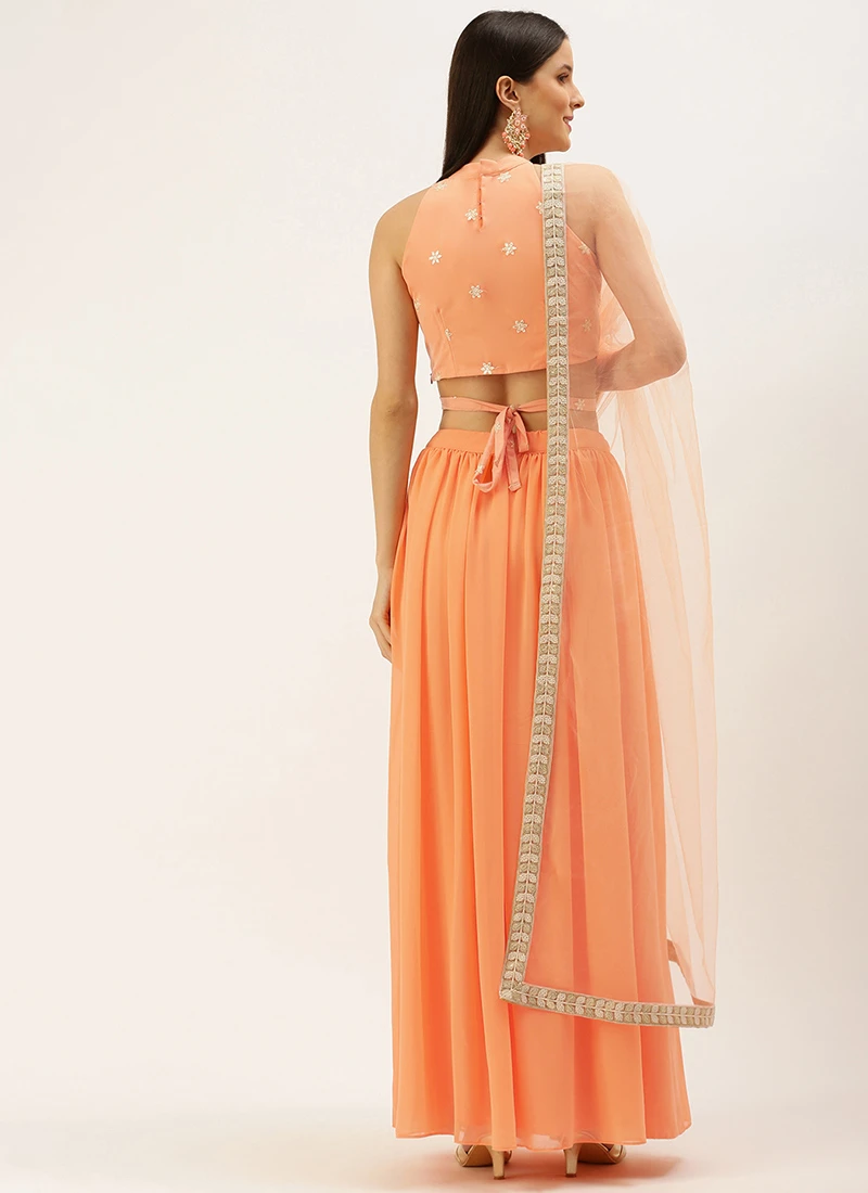 Teen Girls Peach N Off White Halter Neck Lehenga Festive Wear - Image 4