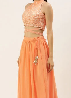Teen Girls Peach N Off White Halter Neck Lehenga Festive Wear