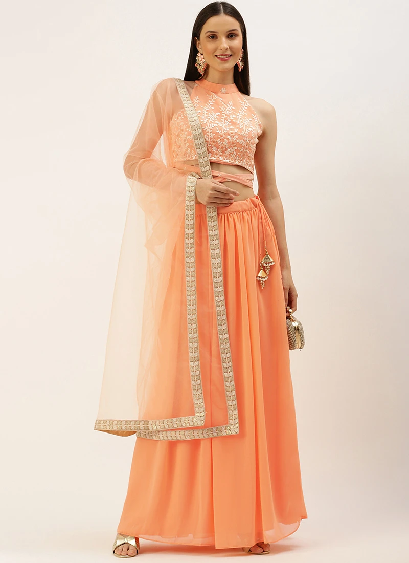 Teen Girls Peach N Off White Halter Neck Lehenga Festive Wear - Image 3