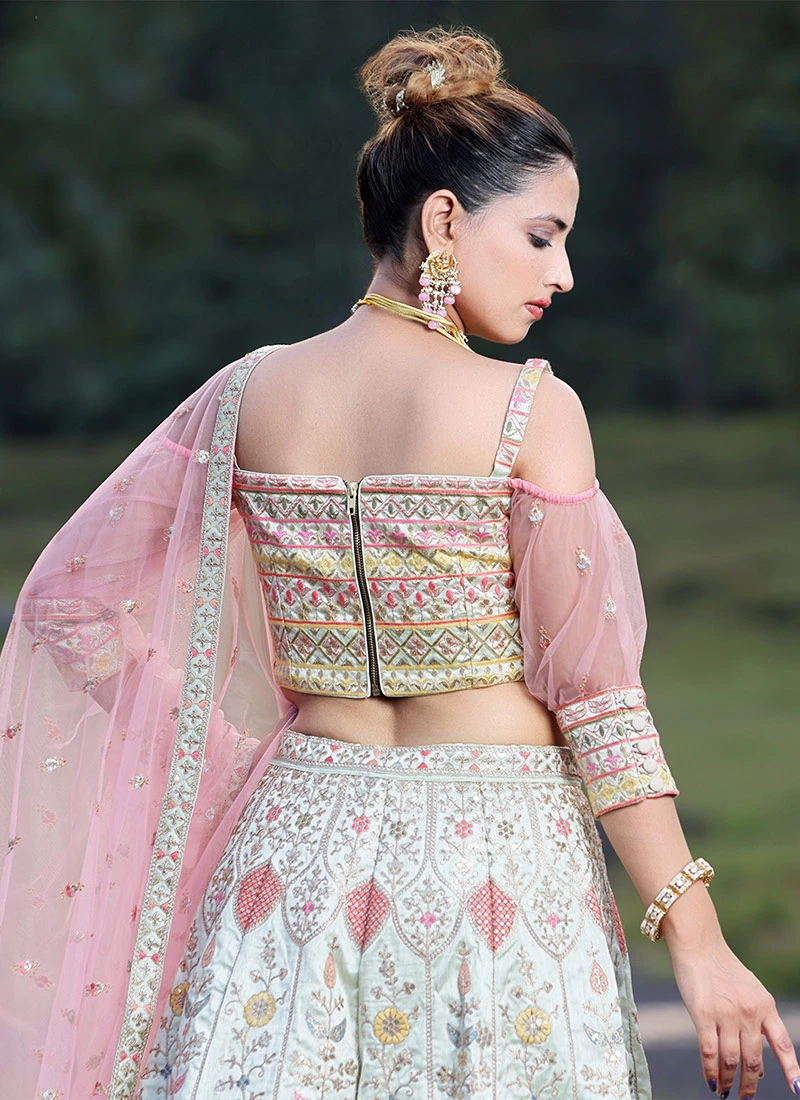 Teen Girls Light Pista Dupion Silk Embroidered Kali Lehenga Wedding Wear - Image 4