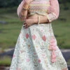 Teen Girls Light Pista Dupion Silk Embroidered Kali Lehenga Wedding Wear