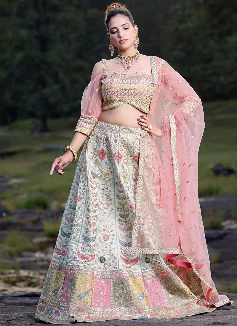Teen Girls Light Pista Dupion Silk Embroidered Kali Lehenga Wedding Wear - Image 3