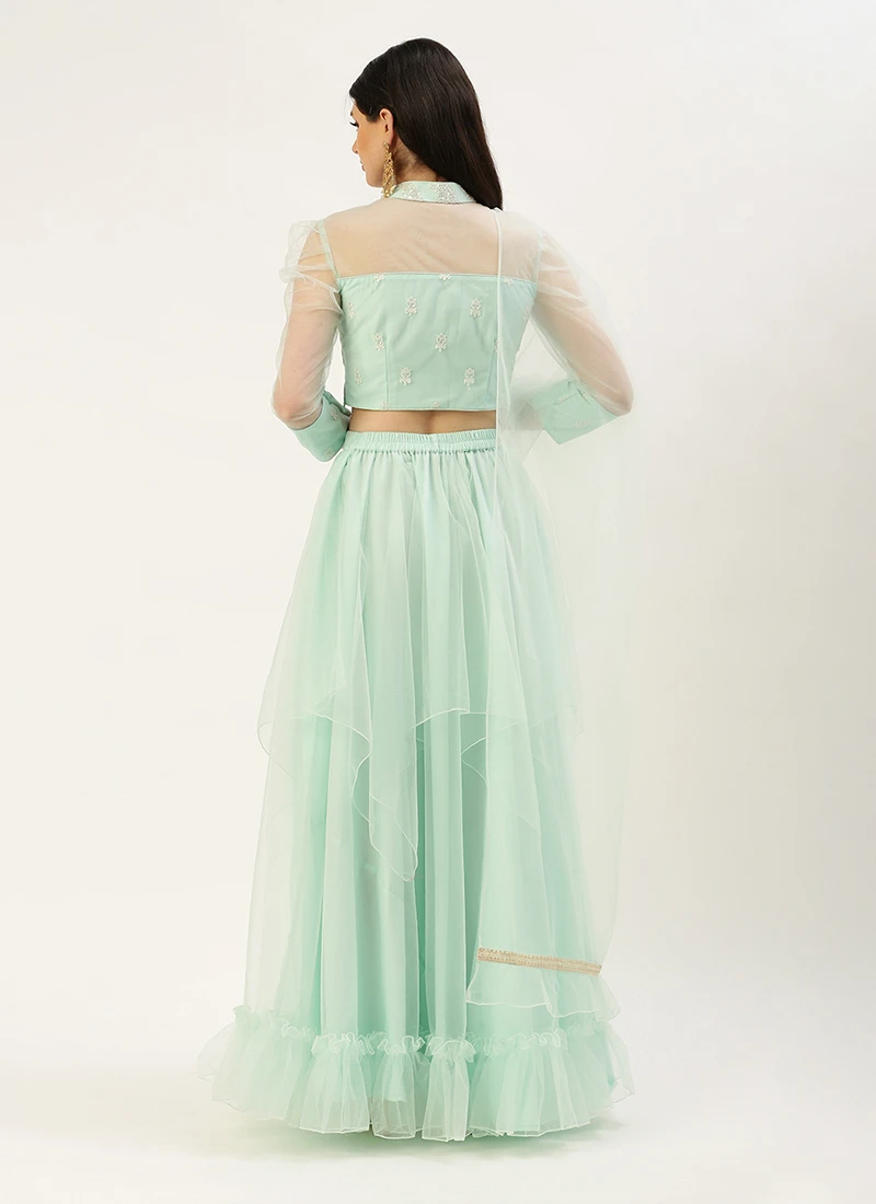 Teen Girls Light Sea Green Embroidered N Sky Blue Lehenga Set Wedding Wear - Image 4