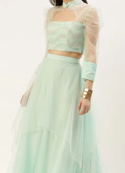 Teen Girls Light Sea Green Embroidered N Sky Blue Lehenga Set Wedding Wear