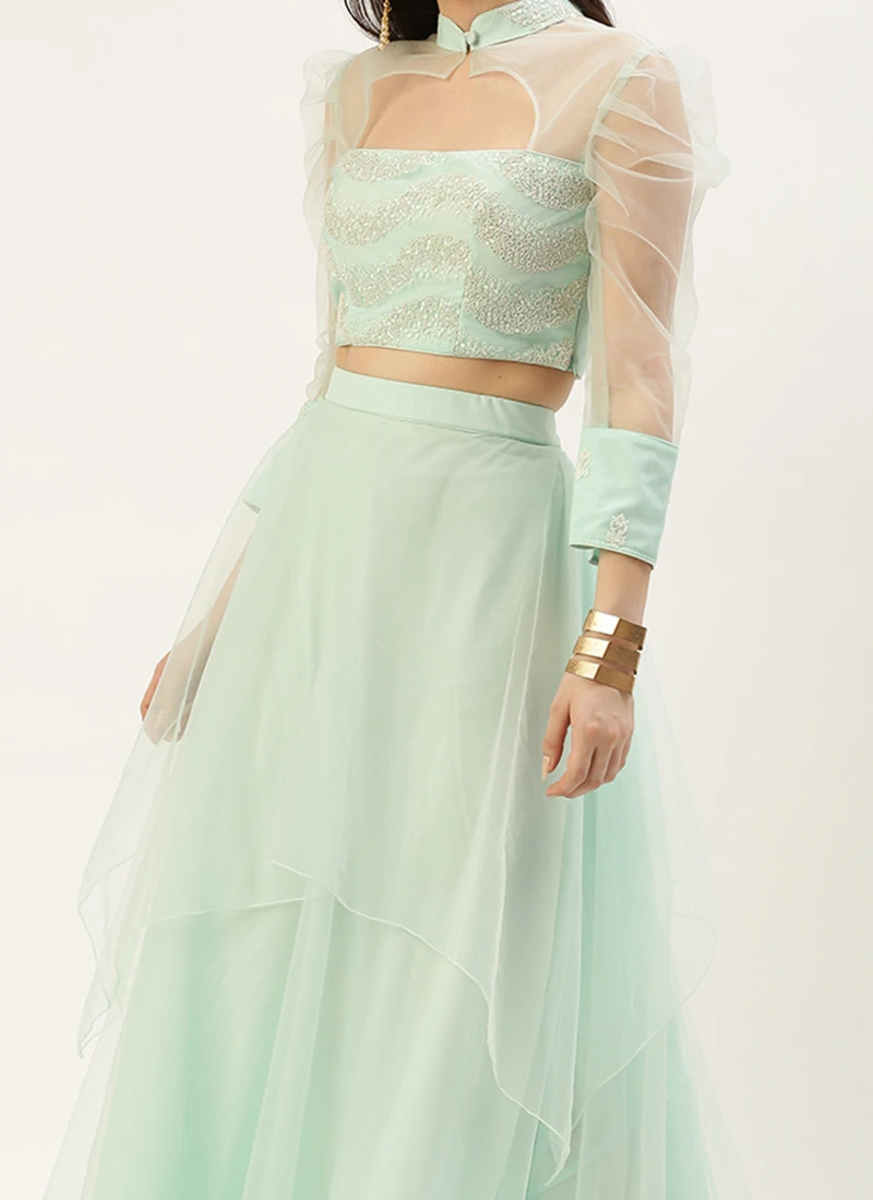 Teen Girls Light Sea Green Embroidered N Sky Blue Lehenga Set Wedding Wear