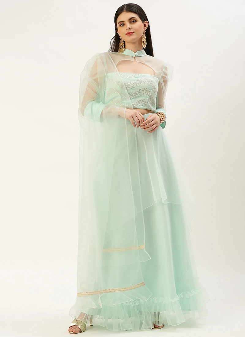Teen Girls Light Sea Green Embroidered N Sky Blue Lehenga Set Wedding Wear - Image 3