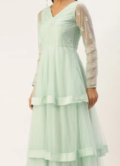Teen Girls Light Sea Green Net Embroidered Gown Party Wear