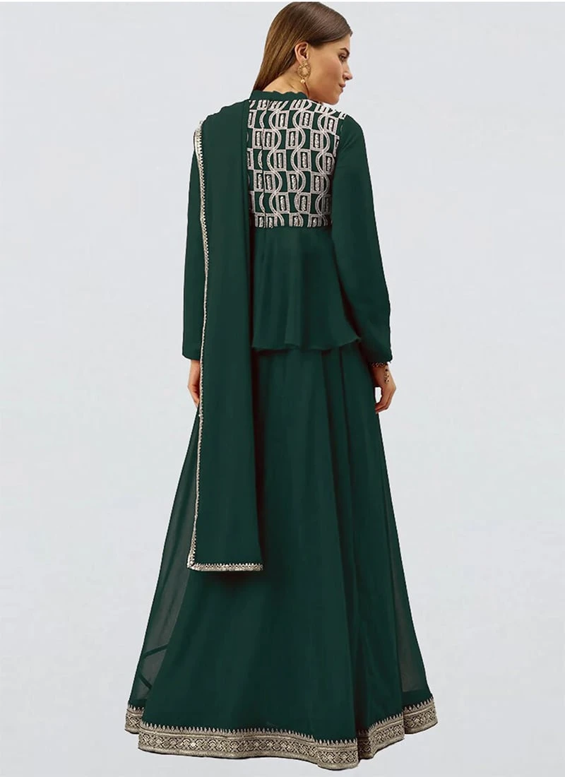 Teen Girls Long Choli Full Sleeve Green Georgette Lehenga Festive Wear - Image 4