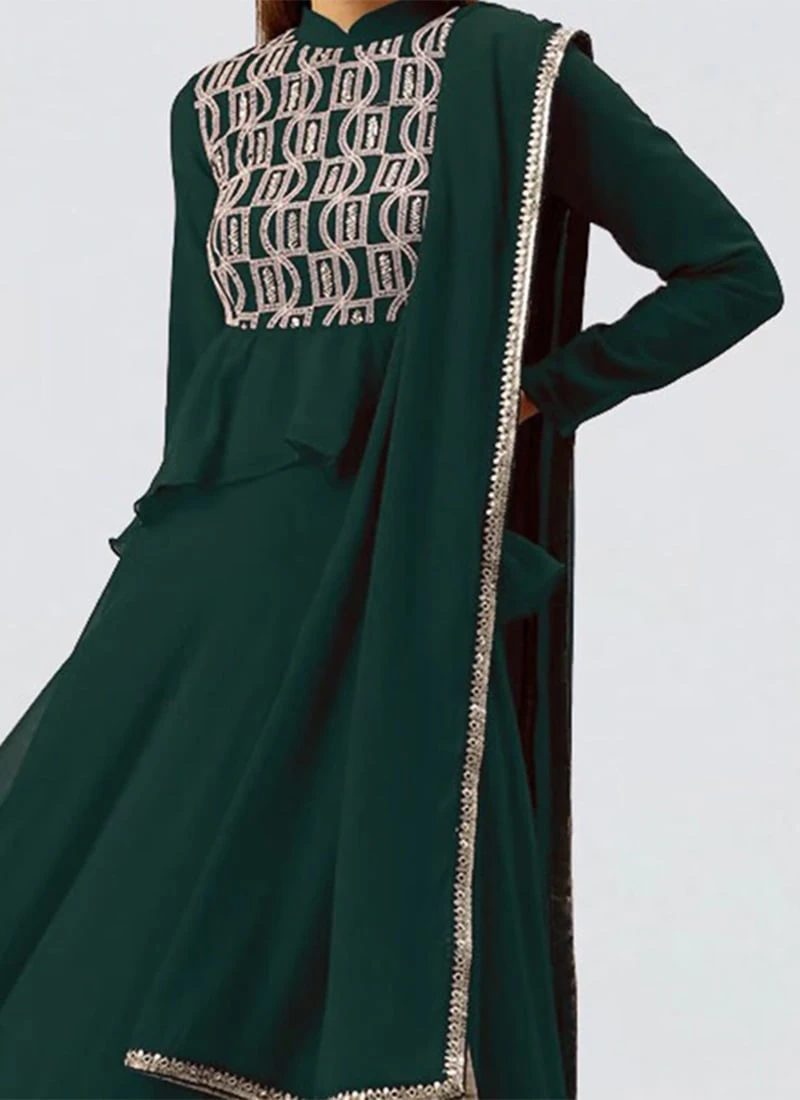 Teen Girls Long Choli Full Sleeve Green Georgette Lehenga Festive Wear