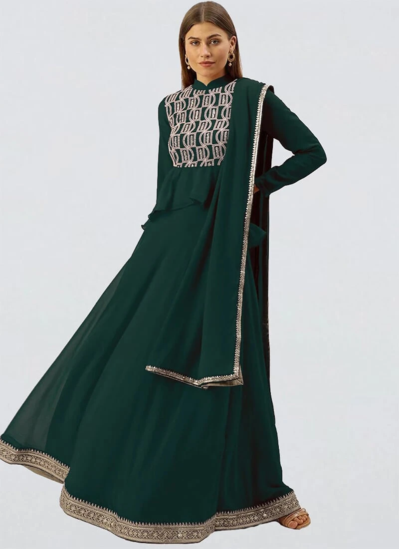 Teen Girls Long Choli Full Sleeve Green Georgette Lehenga Festive Wear - Image 3