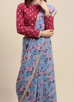 Teen Girls Magenta Embroidered Blue N Pink Printed Saree Festive Wear